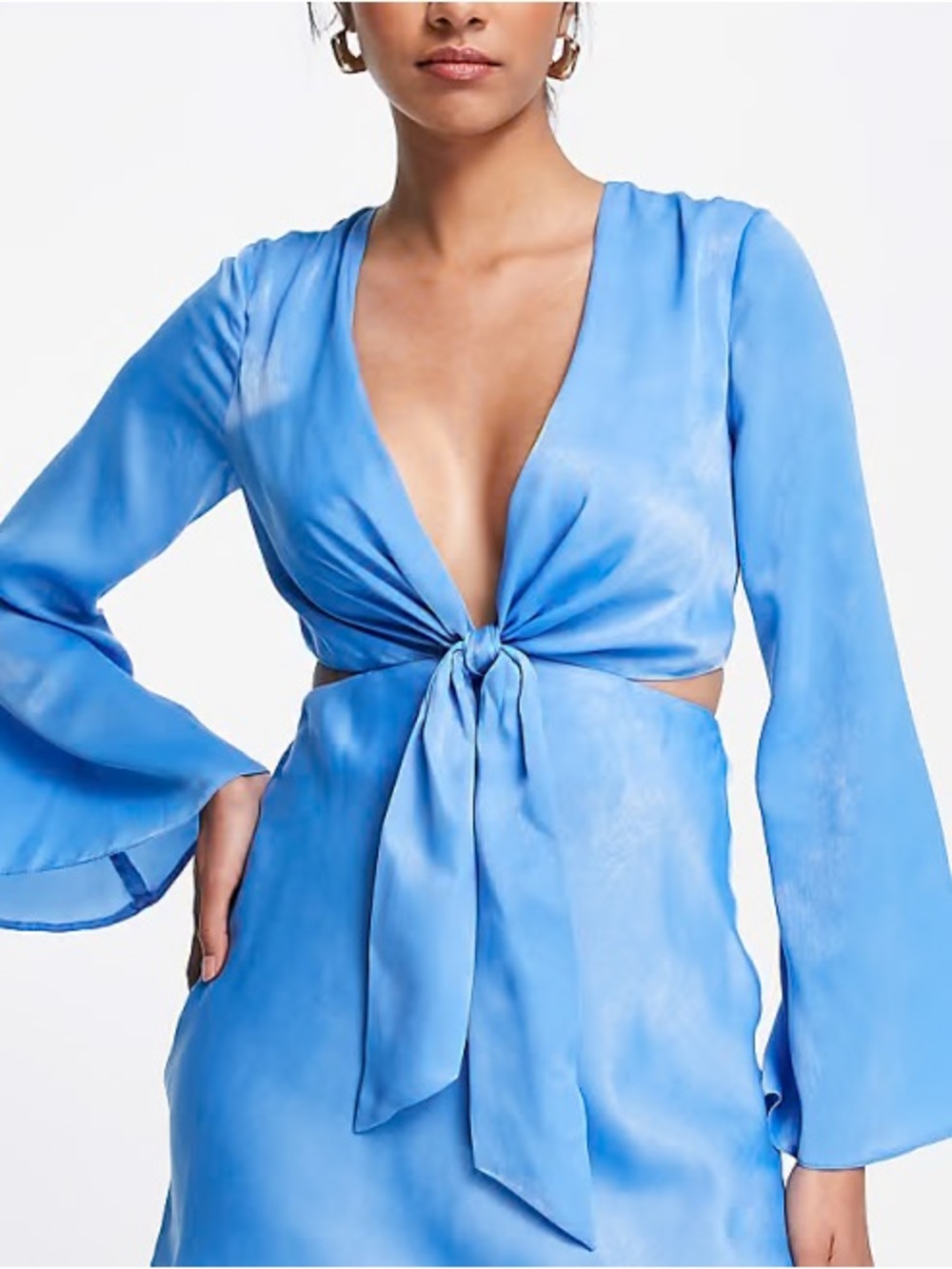 ASOS Design Butterfly Sleeve Blue Tie-Front Satin Dress Size Small Tall